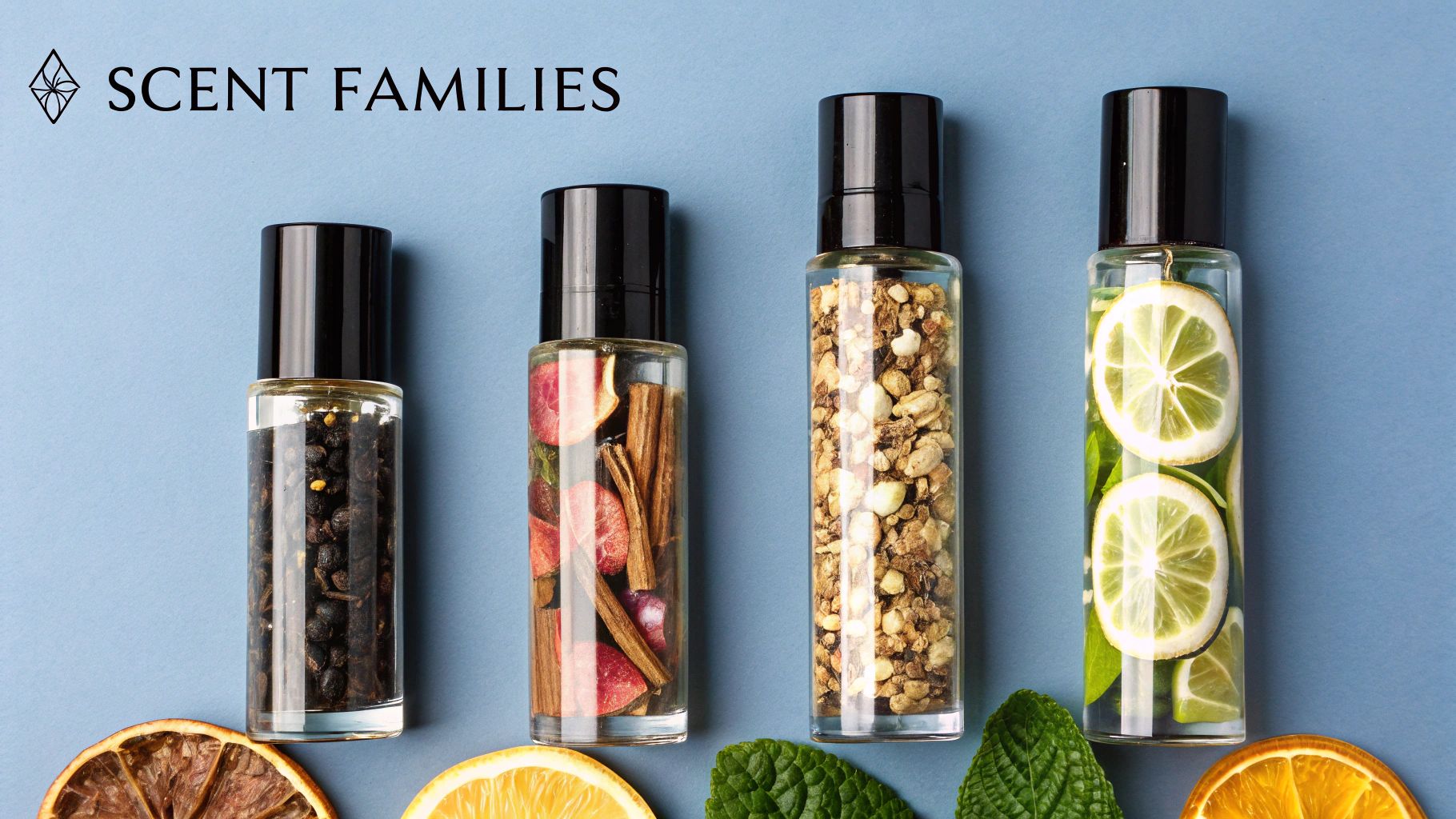 A variety of colorful ingredients like flowers, spices, and woods arranged in a circle, representing the different scent families.