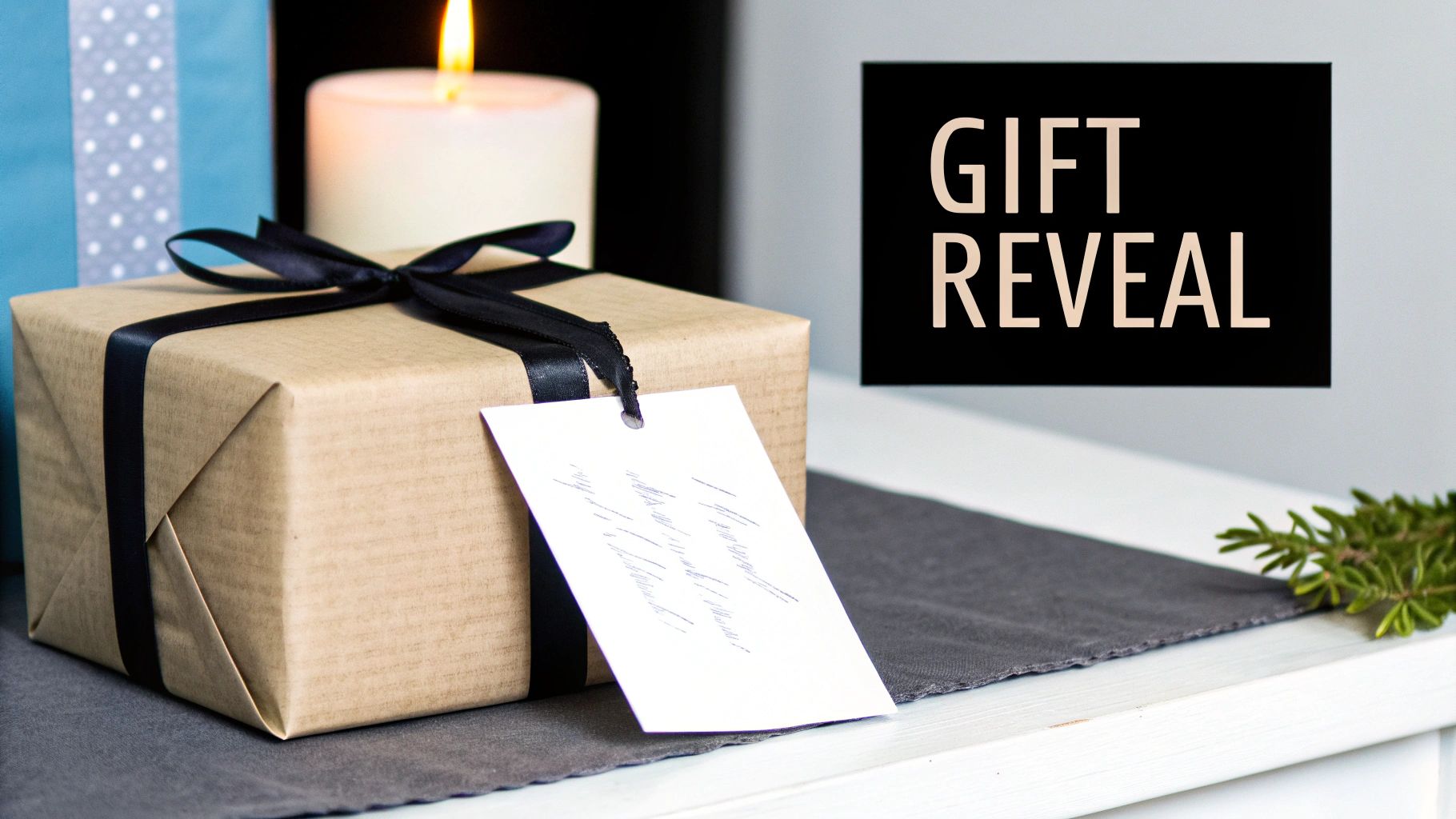 A beautifully wrapped brown gift with black ribbon and tag, next to a lit candle, with 'GIFT REVEAL' text.