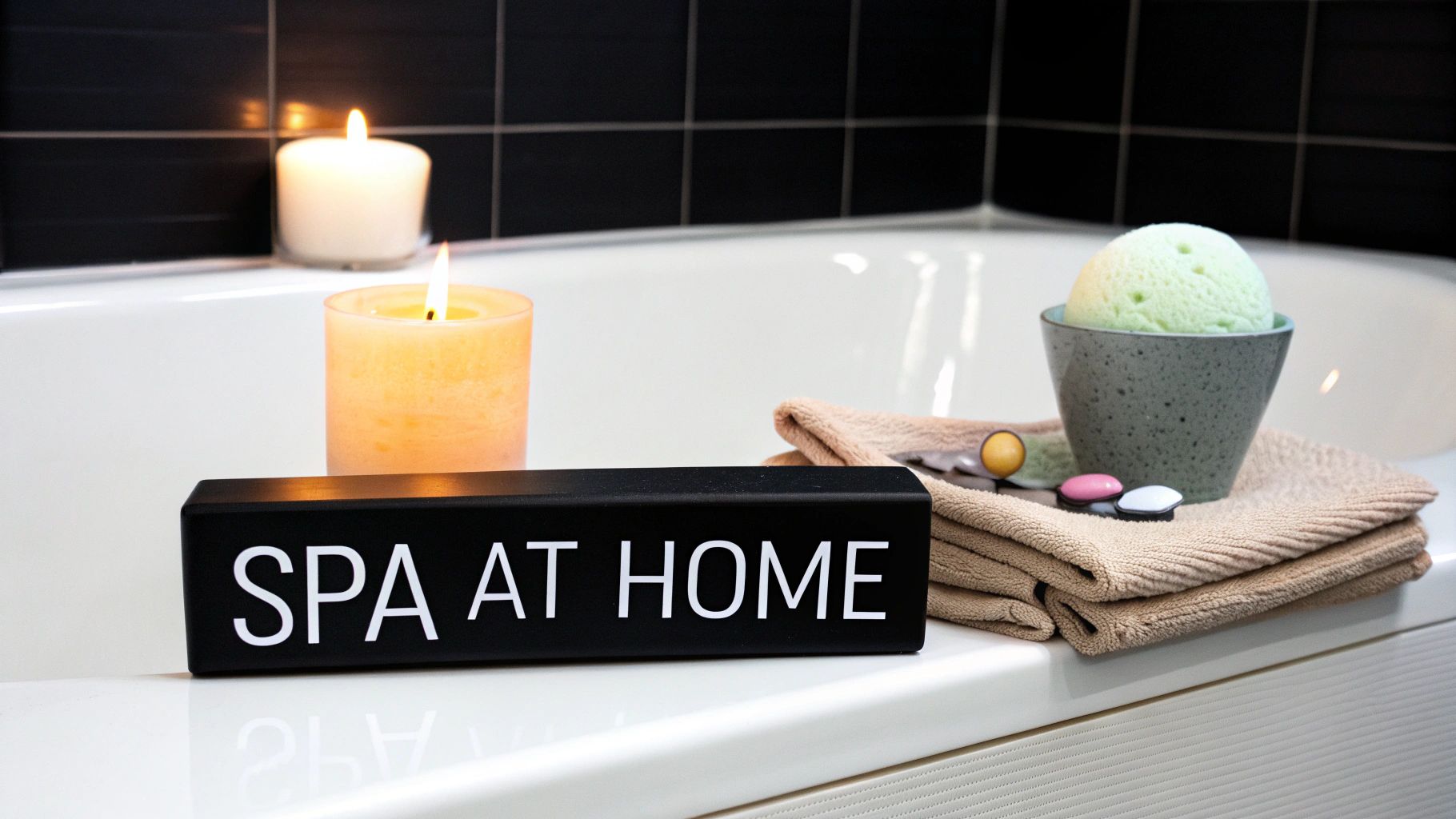 A 'SPA AT HOME' sign, lit candles, a bath bomb, and folded towels create a relaxing bath scene.