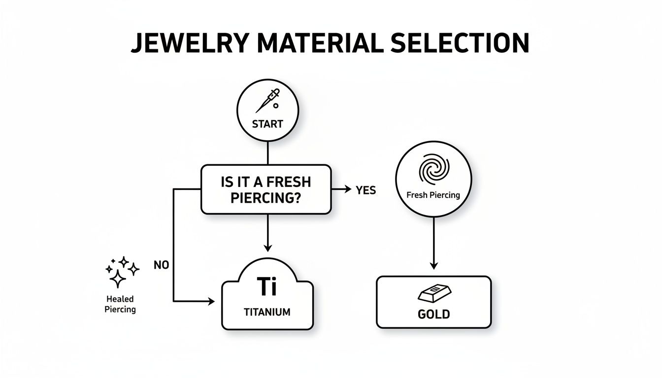 Flowchart detailing jewelry material selection for fresh versus healed piercings, recommending gold or titanium.