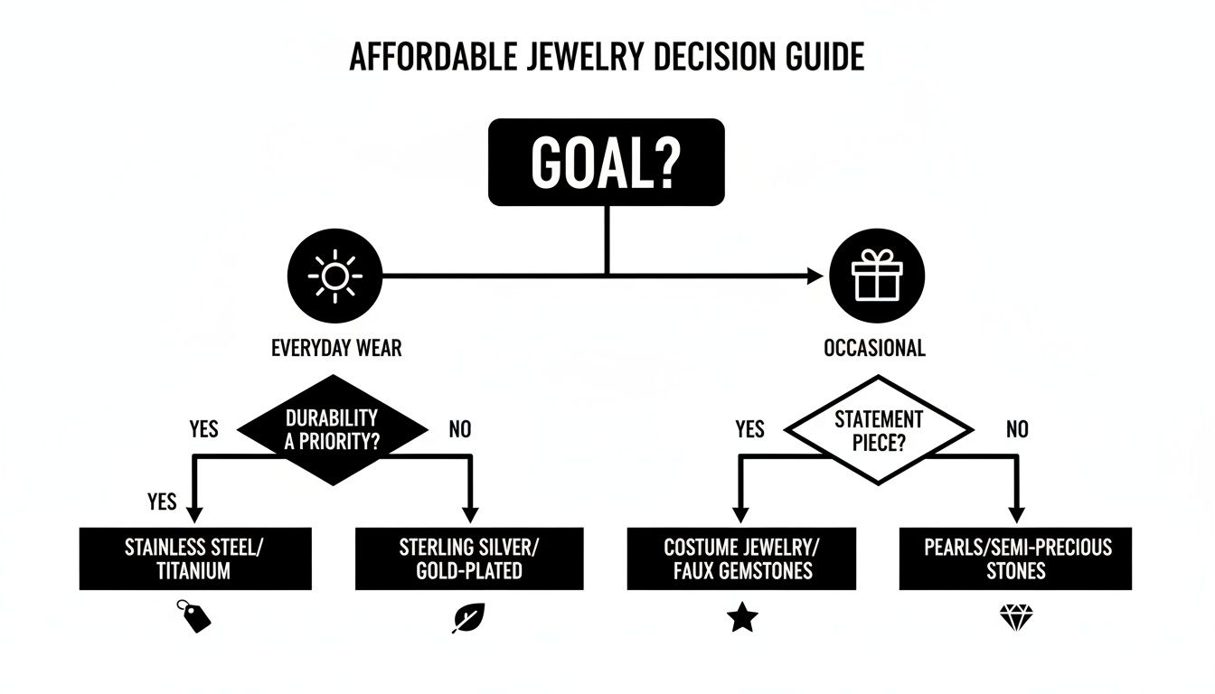 Flowchart for choosing affordable jewelry, considering everyday wear, durability, and statement pieces.