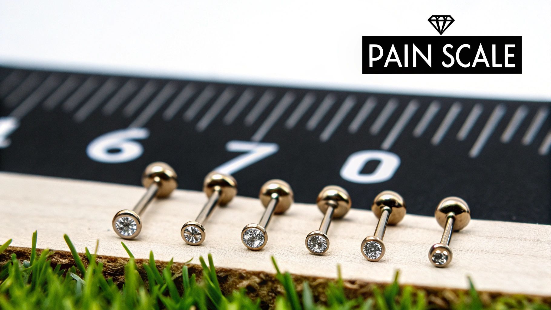 Gold body piercing studs with diamonds displayed on wood in front of a pain scale ruler.