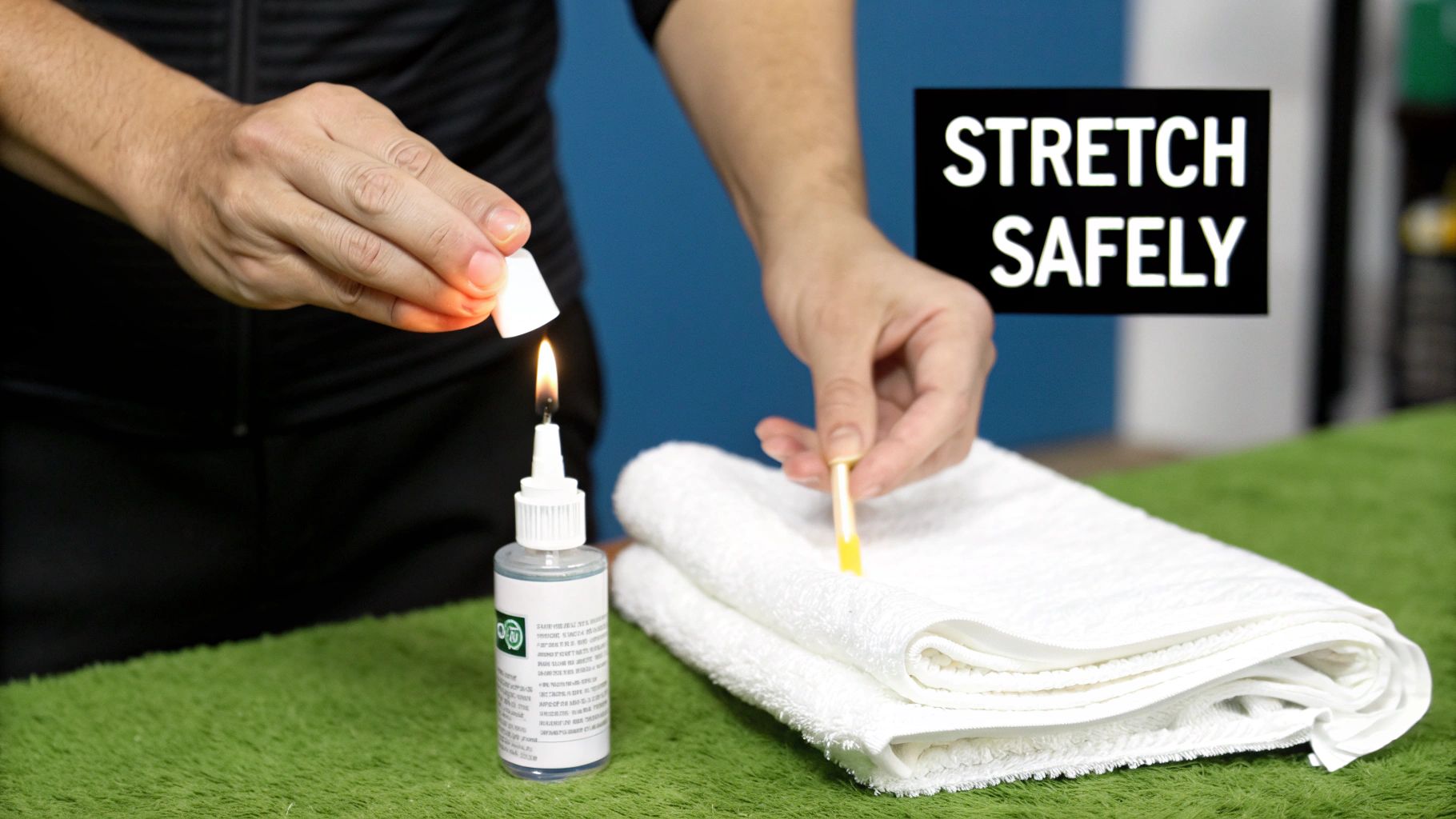 A person uses a flame to heat a white ear stretching taper, with another tool and towels nearby.