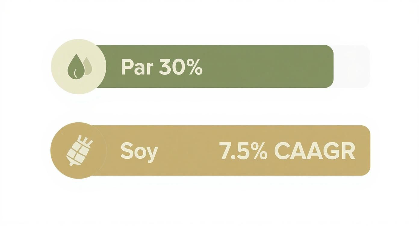 Two data bars displaying 'Par 30%' with a water drop and 'Soy 7.5% CAGR' with a stacked goods icon.