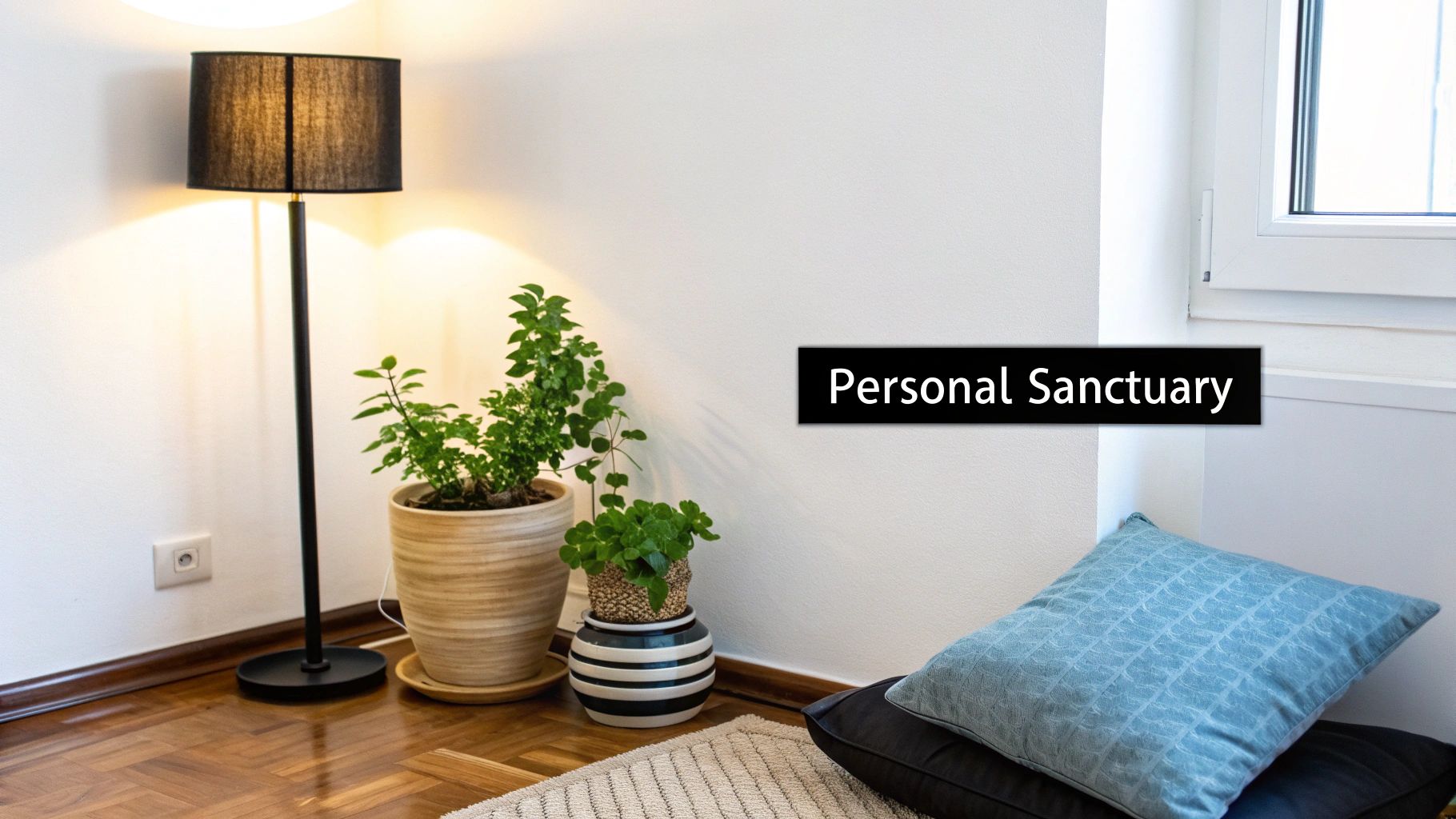 A cozy corner of a room featuring a lit floor lamp, two potted plants, and plush pillows on a rug, creating a personal sanctuary.