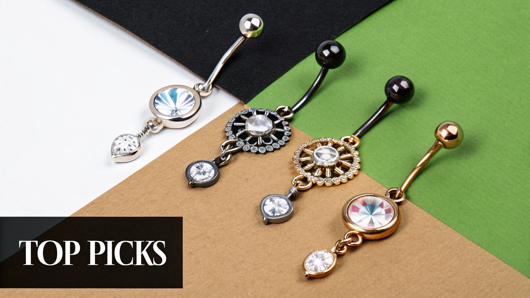 A collection of beautiful, hypoallergenic belly button rings in different styles.