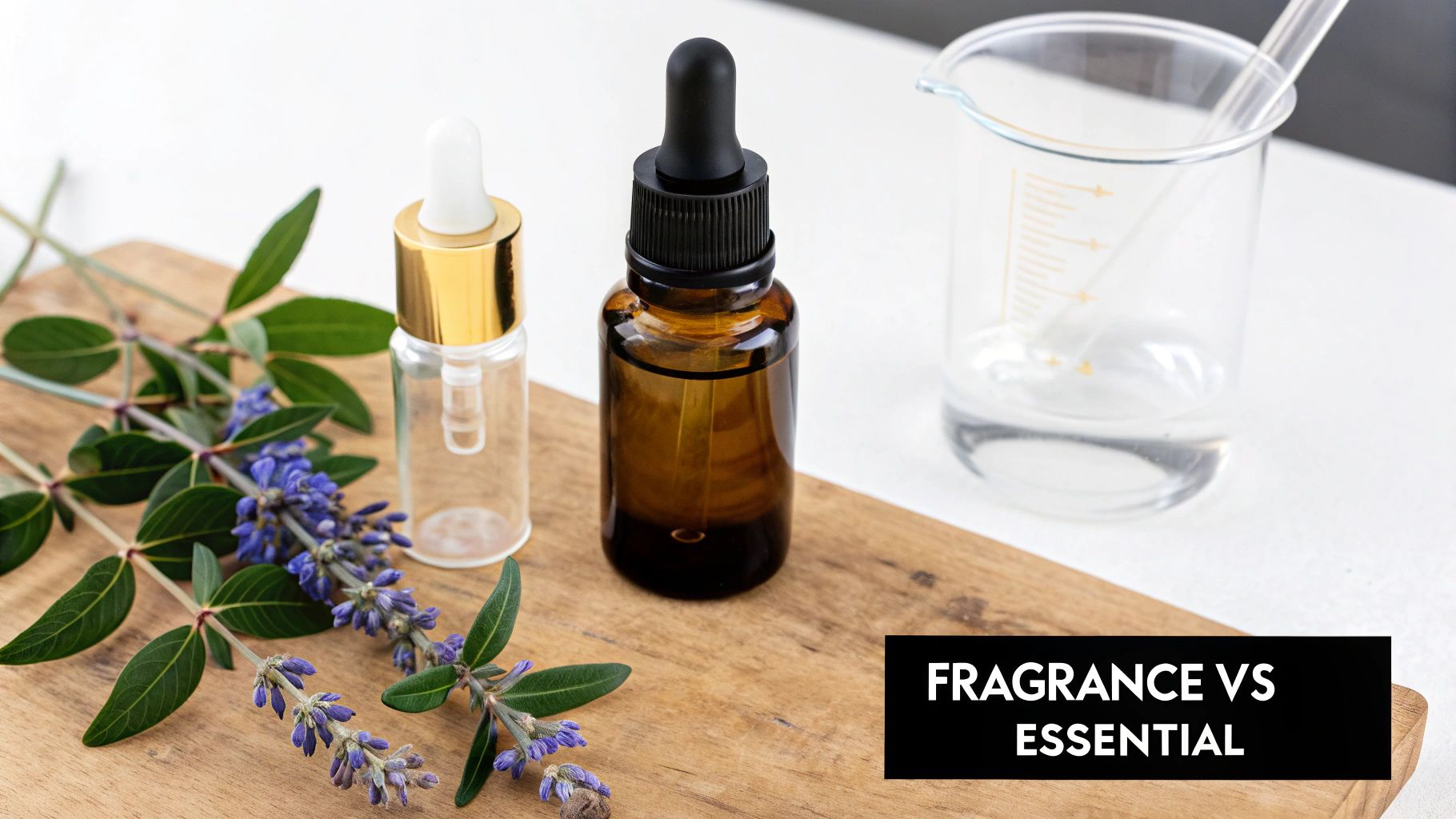 Essential and fragrance oils displayed in dropper bottles with a plant, comparing natural and synthetic scents.