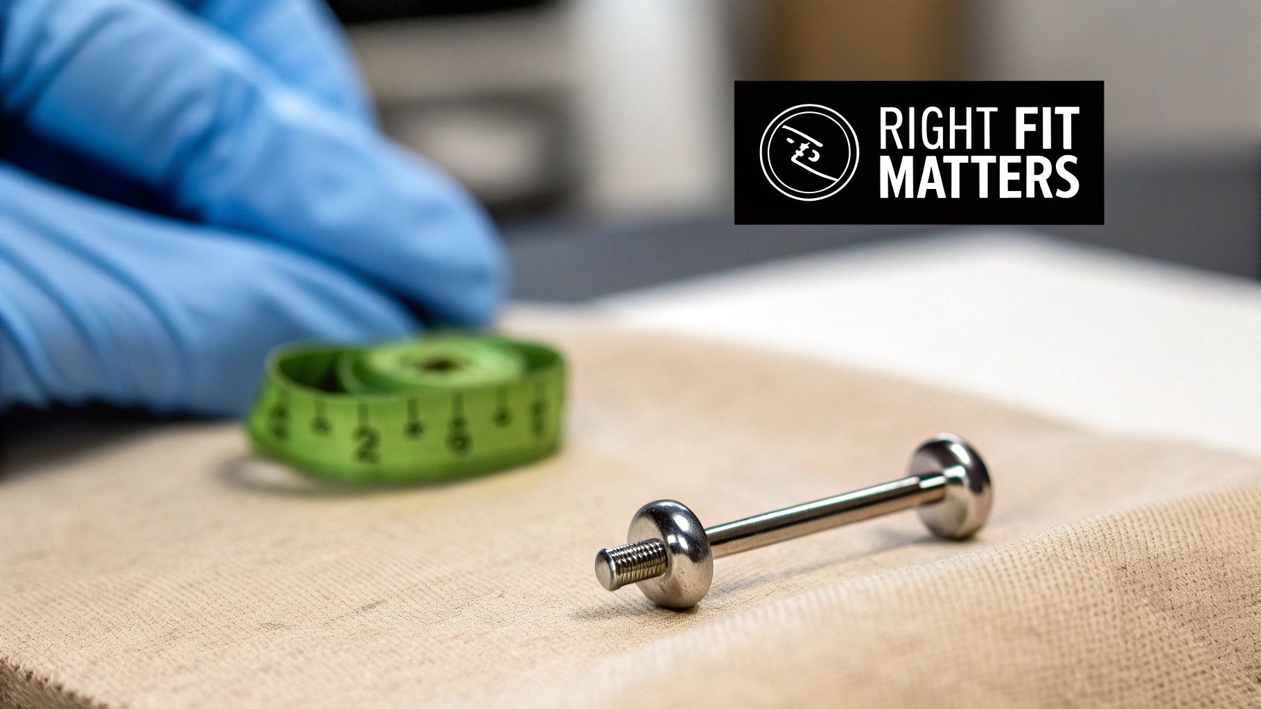 Gloved hand, measuring tape, and surgical steel barbell for precise body piercing size fitting.