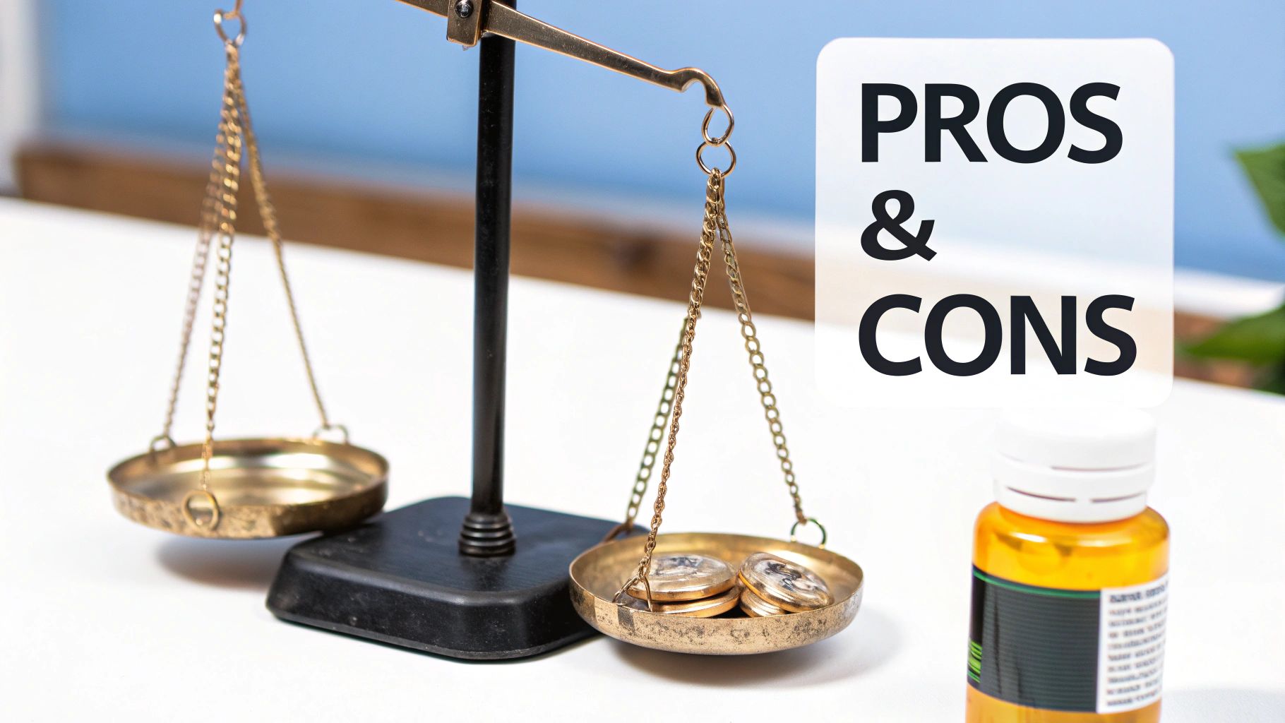 A balance scale with coins in one pan and an empty pan, next to a 'Pros & Cons' sign.