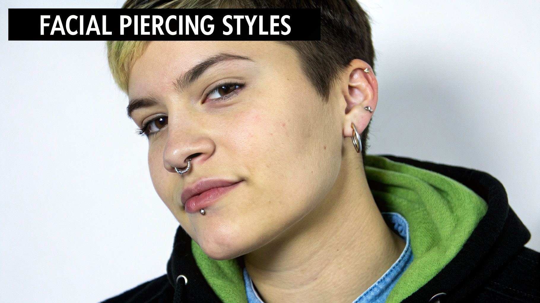 Close-up of a person with a septum ring, labret piercing, and multiple ear piercings, featuring the text 'FACIAL PIERCING STYLES'.