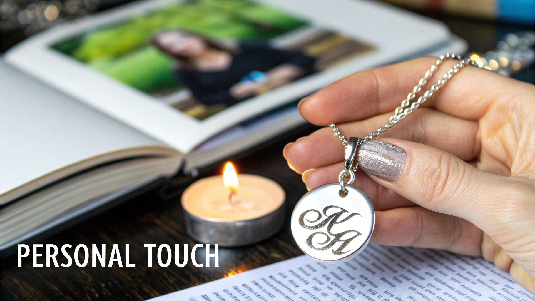 A hand holds a silver personalized initial pendant necklace, with a book, photo, and lit candle in the background.