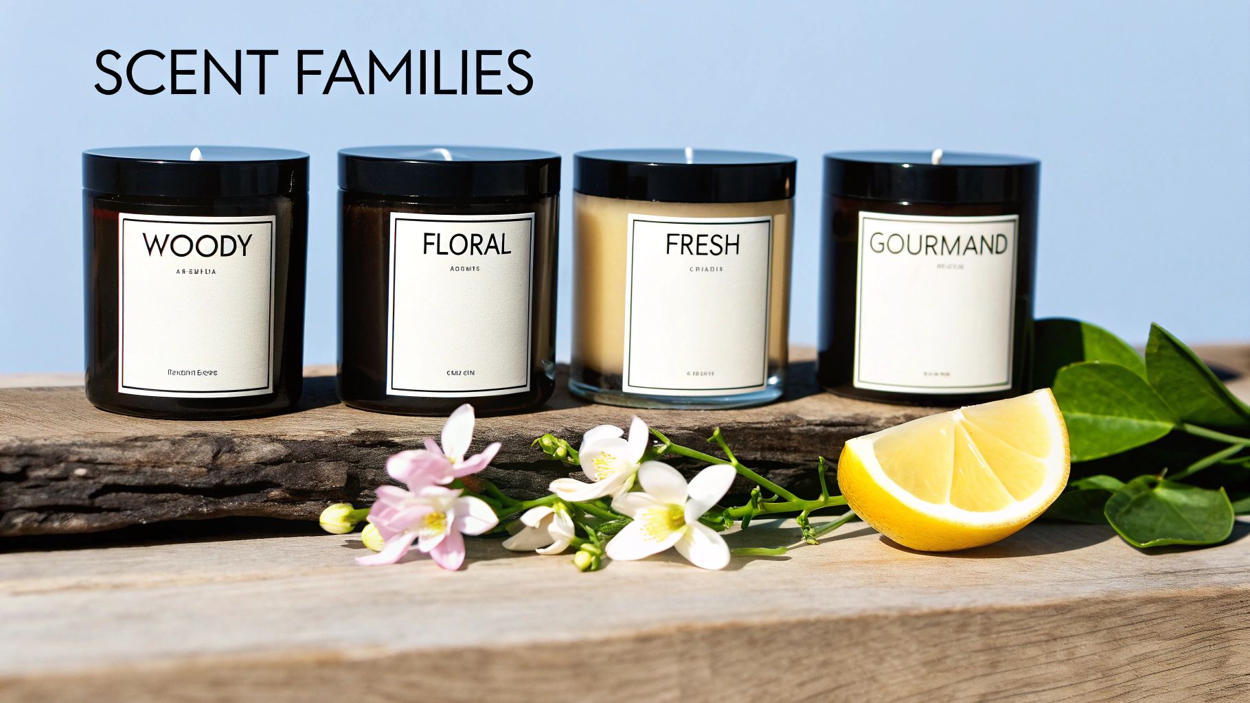 Four scented candles displaying woody, floral, fresh, and gourmand scent families on a wooden table with flowers and a lemon.