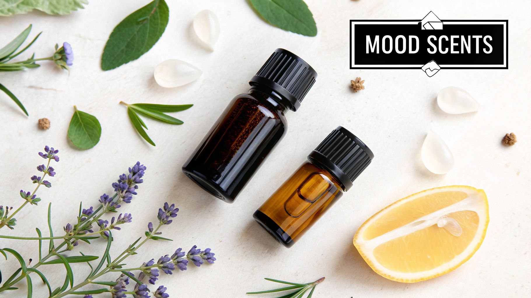 Two essential oil bottles, lavender, lemon, and leaves on a white surface, labeled "MOOD SCENTS."