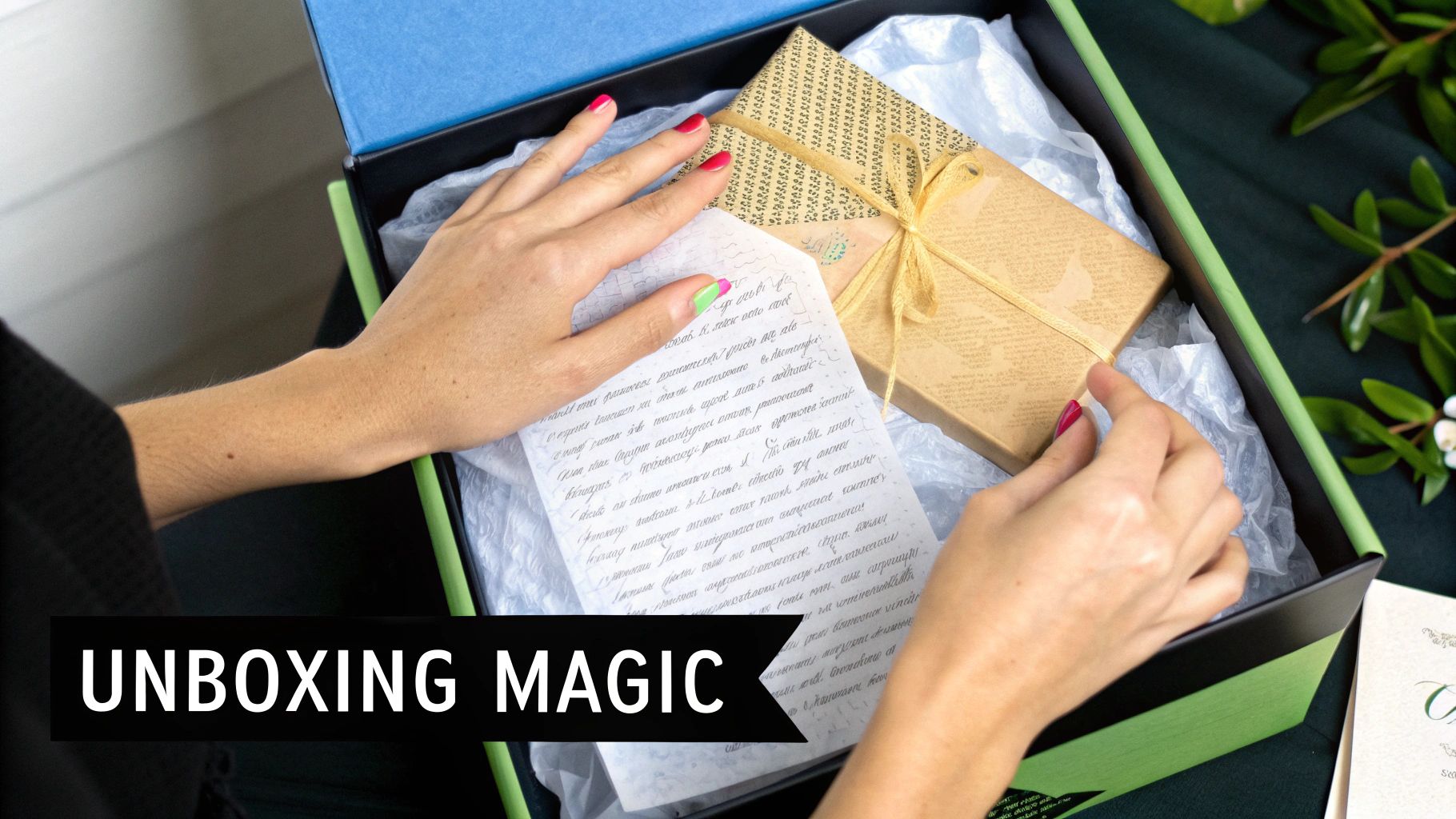 Overhead shot of hands unboxing a thoughtful gift box with a letter and a wrapped present.