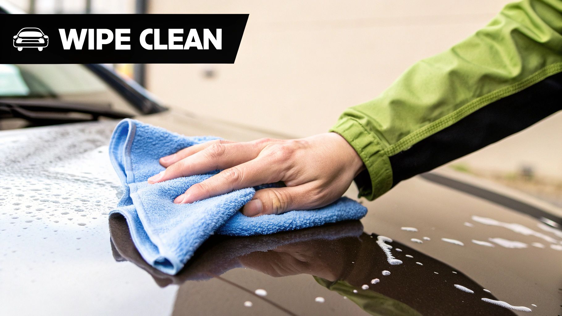 A collection of wax removal tools including a plastic scraper, microfiber cloth, and paper bag.