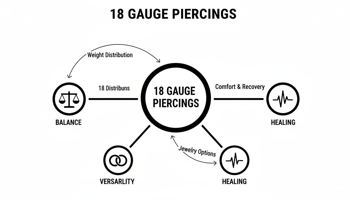A black and white concept map illustrating the key benefits of 18 gauge piercings, including balance, healing, and versatility.