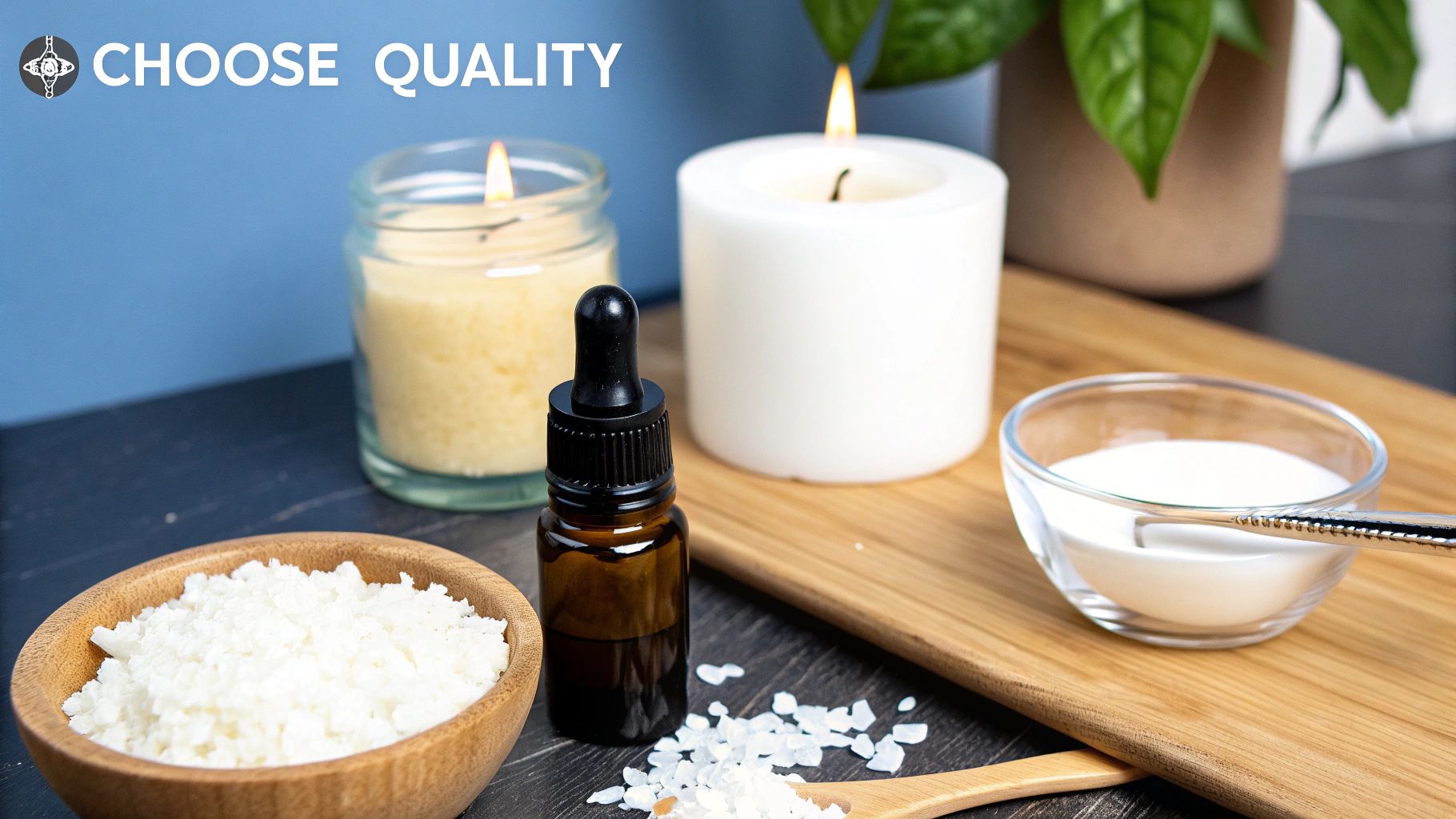 Candle making supplies including white wax flakes, essential oil dropper, and burning candles on wooden surface