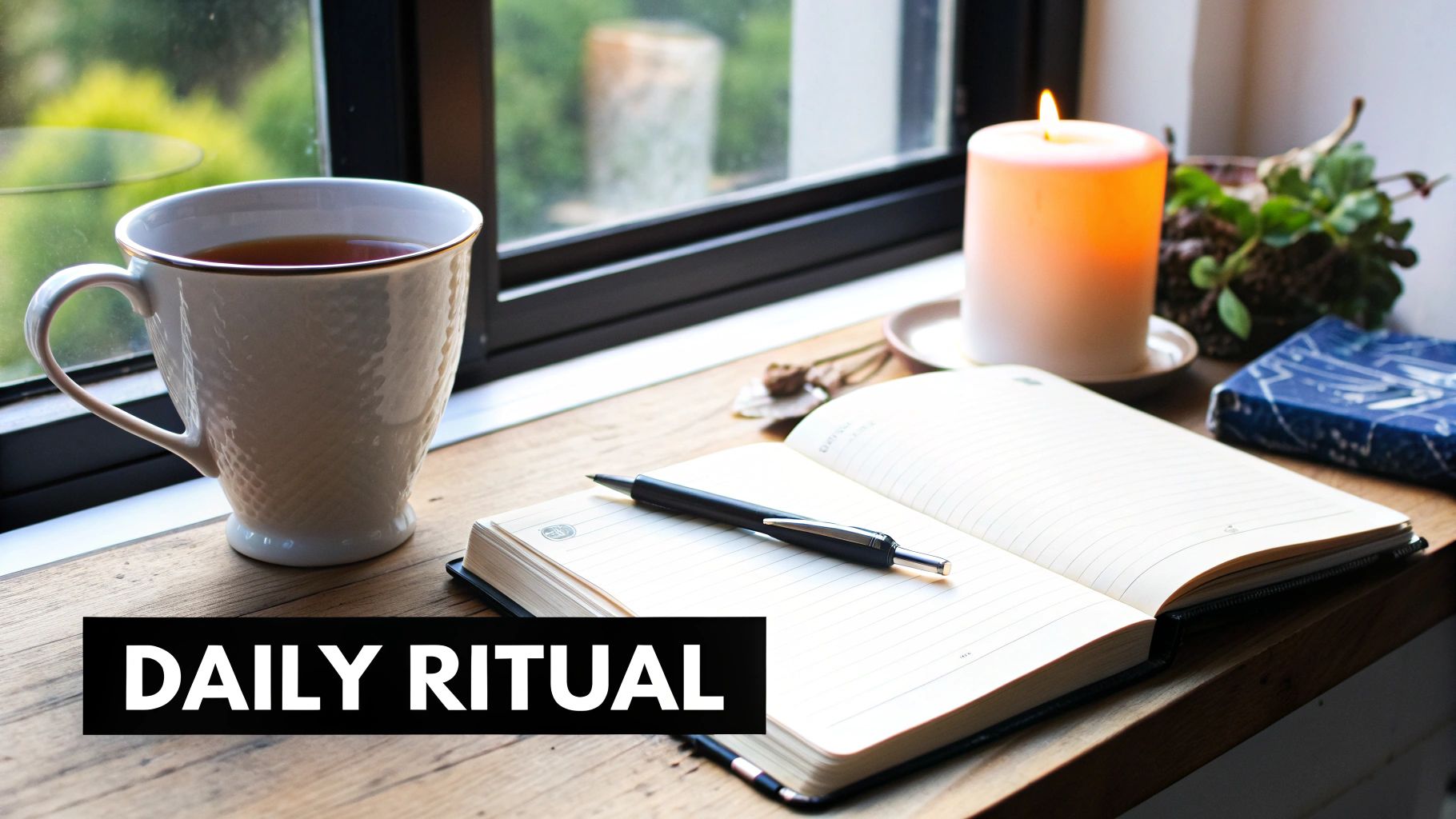 A peaceful daily ritual featuring a mug of tea, a journal, a pen, and a glowing candle.
