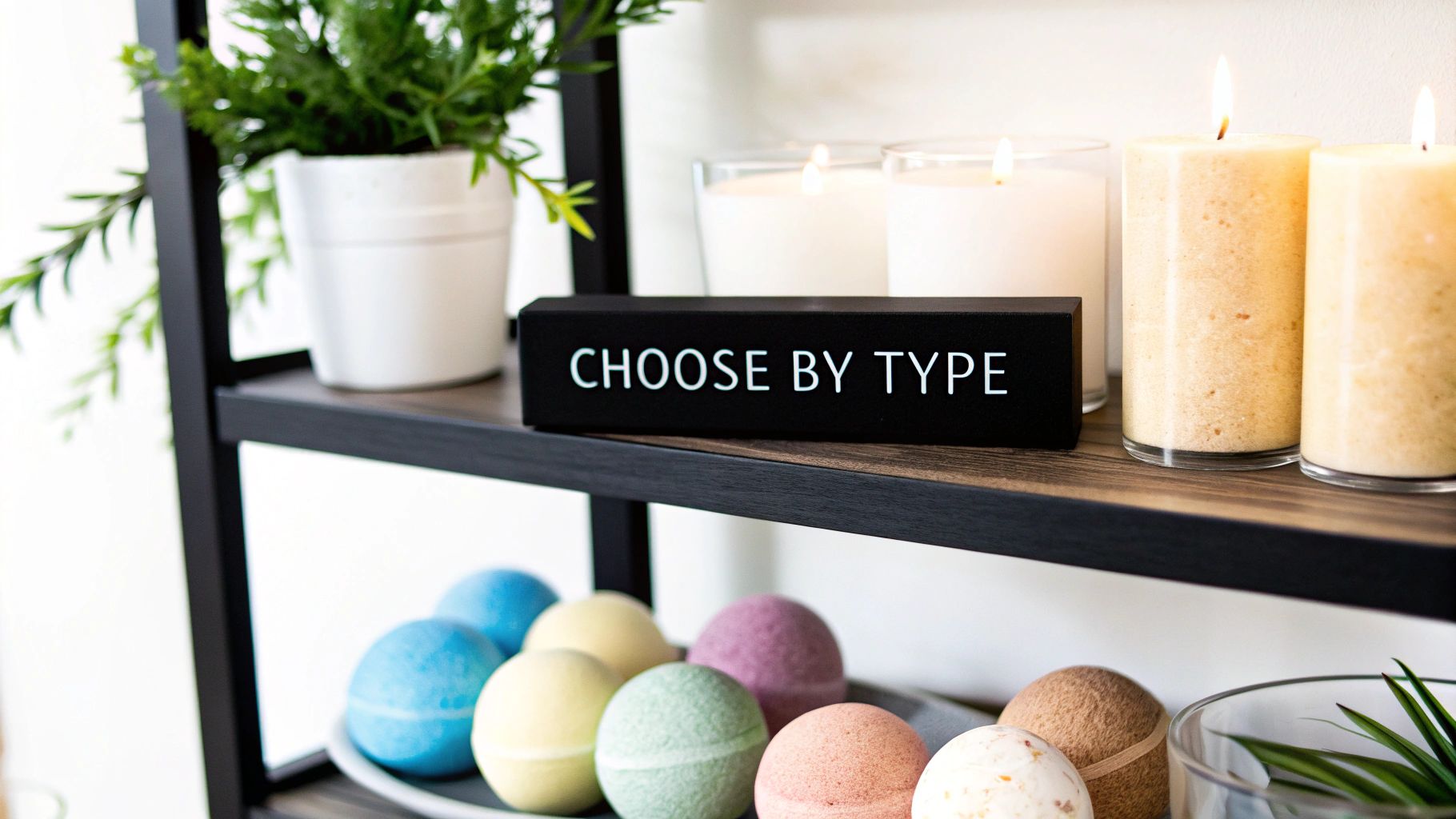 Black sign reading Choose By Type displayed on shelf with colorful bath bombs and candles