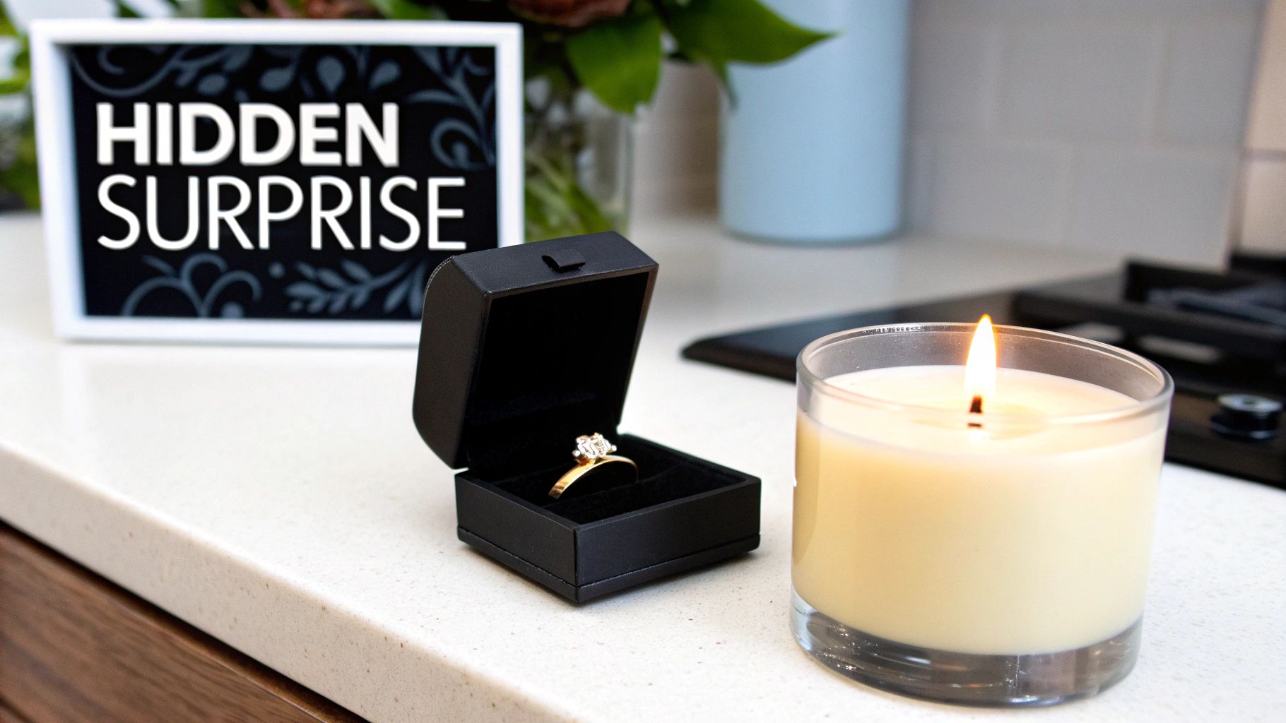 A woman looking delighted as she discovers a piece of jewelry inside a scented candle.