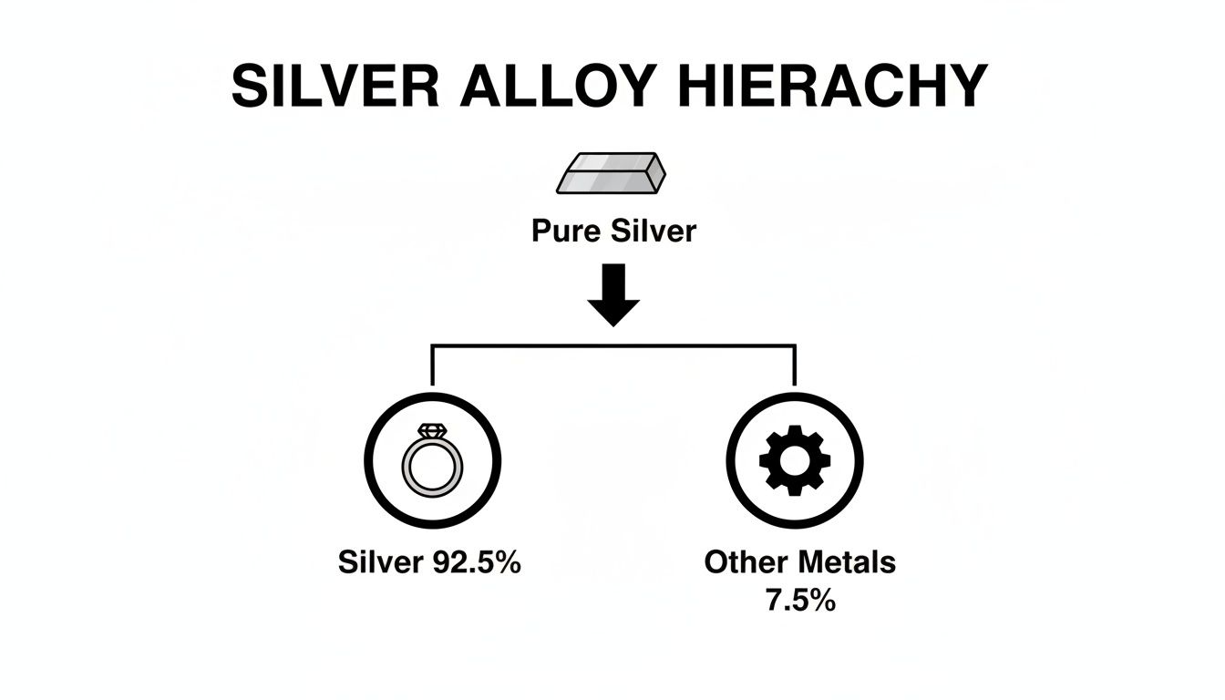 A diagram illustrating the Silver Alloy Hierarchy, showing pure silver composed of 92.5% silver and 7.5% other metals.
