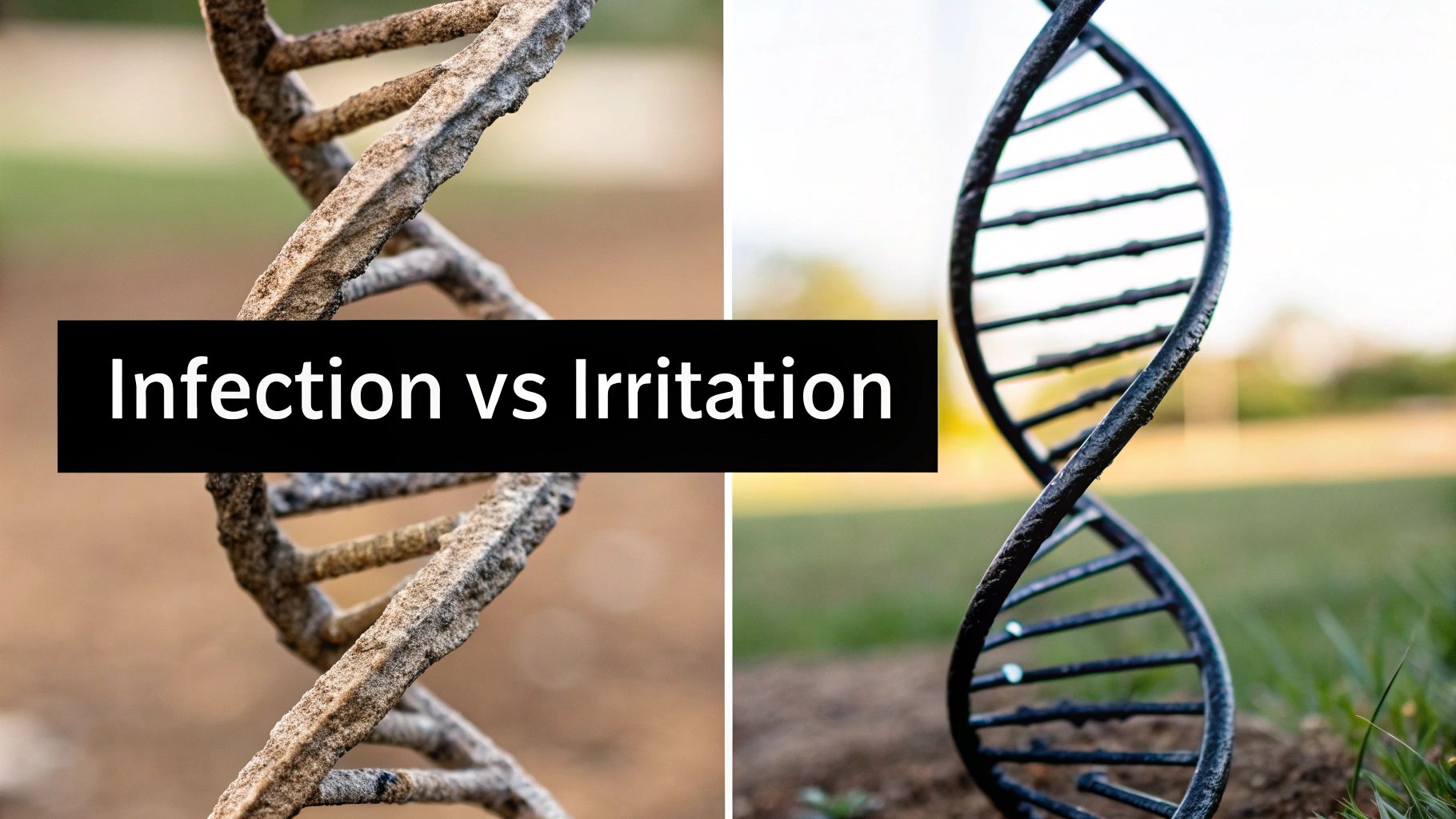 A split image shows a rusty DNA helix on the left and a clean DNA helix on the right, with a banner stating 'Infection vs Irritation'.