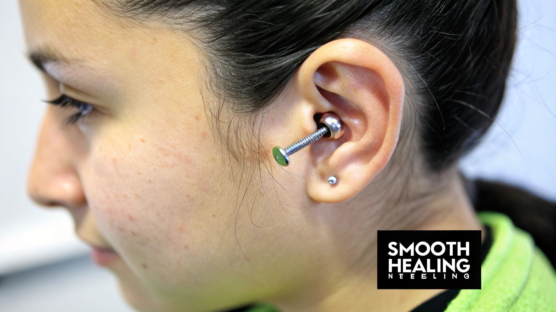 Close-up of a person's ear with a unique screw-shaped internally threaded barbell piercing and a small earlobe stud.