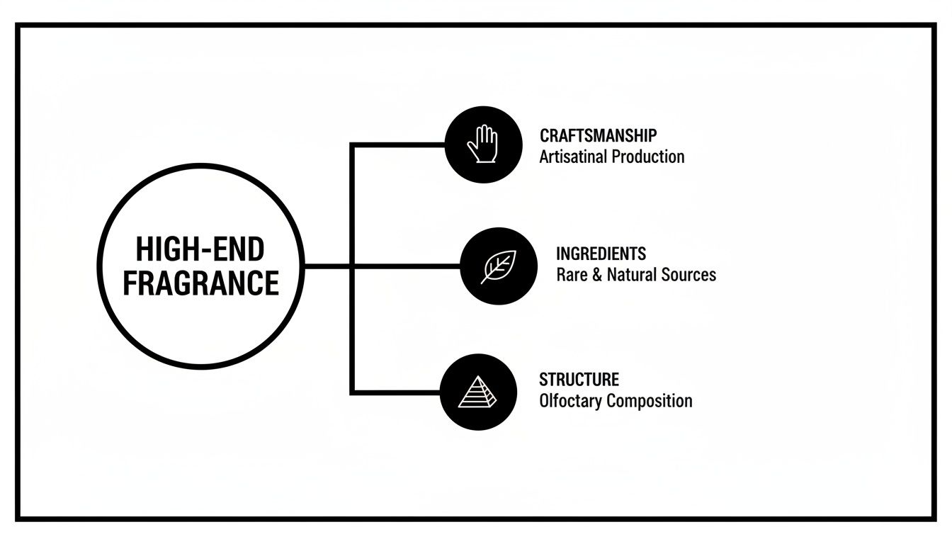Diagram illustrating the key components of high-end fragrance: craftsmanship, ingredients, and structure.