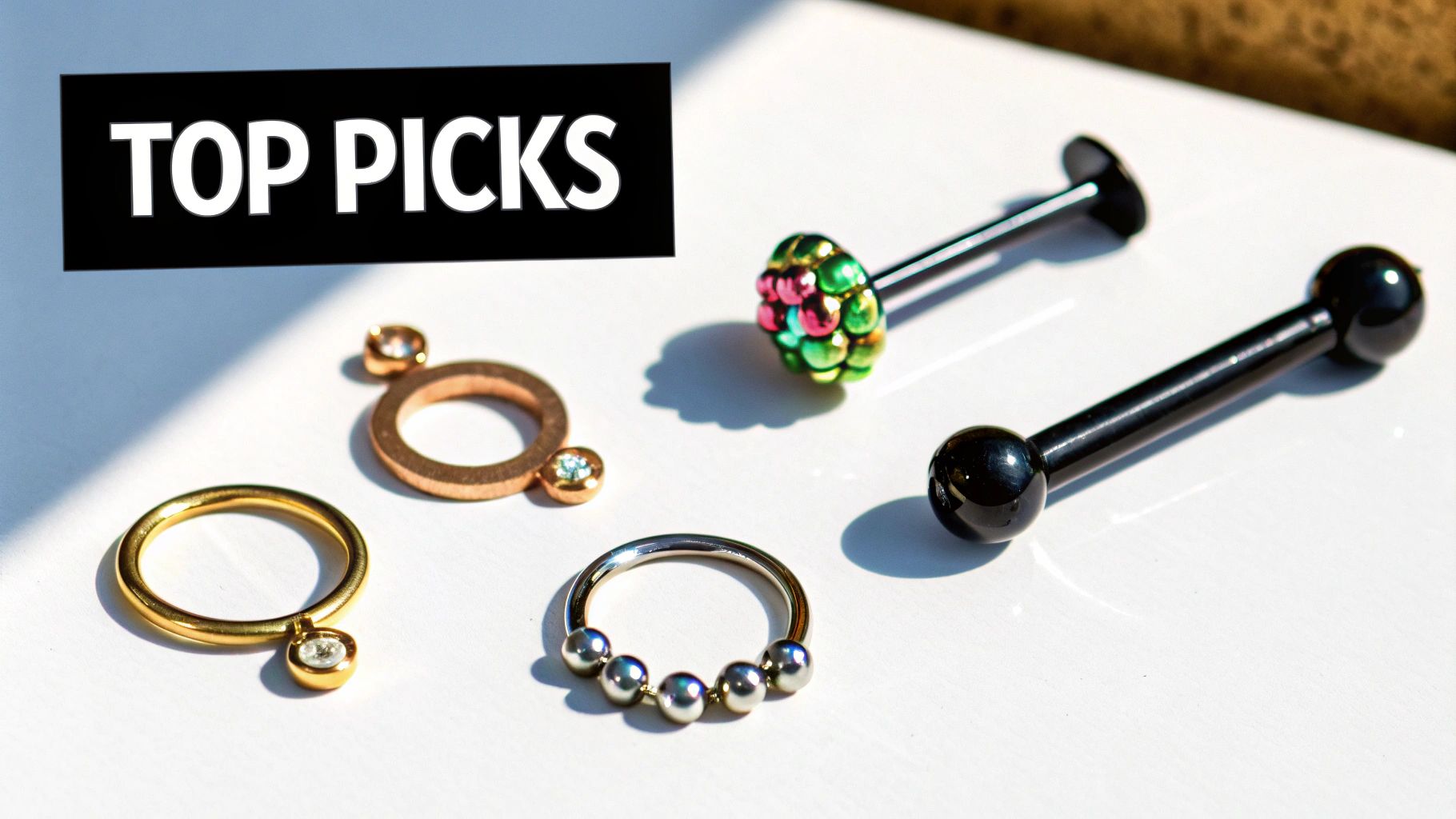 A collection of Bodycandy's top picks for sensitive skin, including titanium labrets and gold nose rings, arranged stylishly.