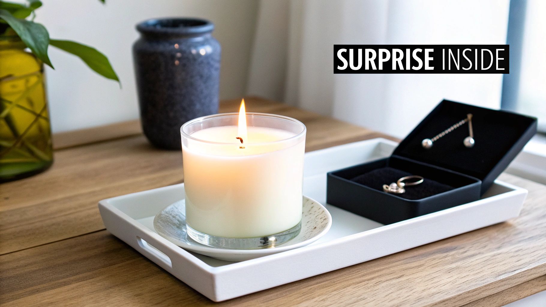 A lit candle on a white tray beside an open jewelry box revealing earrings and a ring.