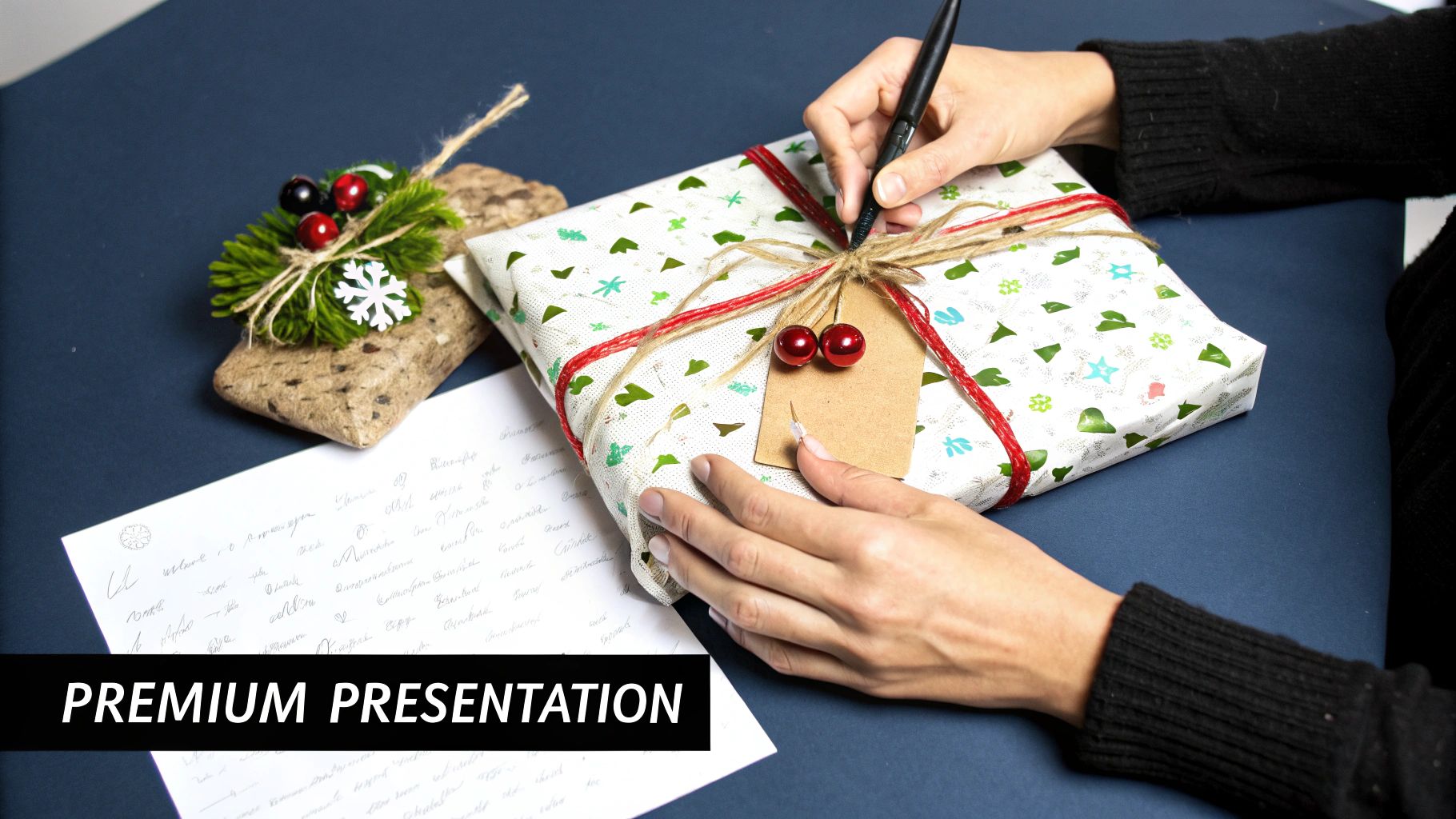 A person wrapping a gift with a decorative ribbon and gift tag.