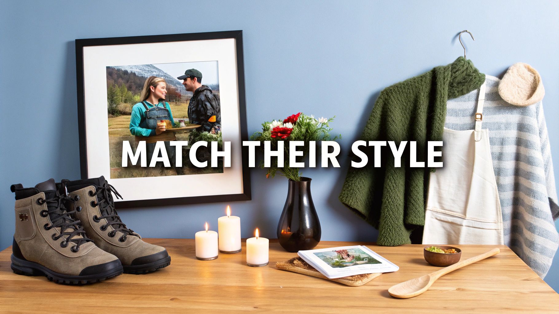 Outdoor adventure photo in frame with hiking boots, candles, and cozy sweaters displayed