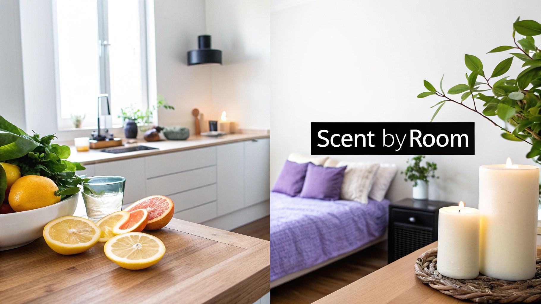 Split image of a bright kitchen with fresh fruit and a cozy bedroom with lit candles and a 'Scent by Room' logo.