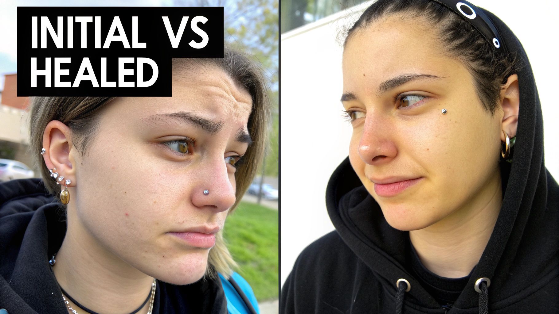 A split image displaying 'INITIAL VS HEALED' body piercings on a person's face.