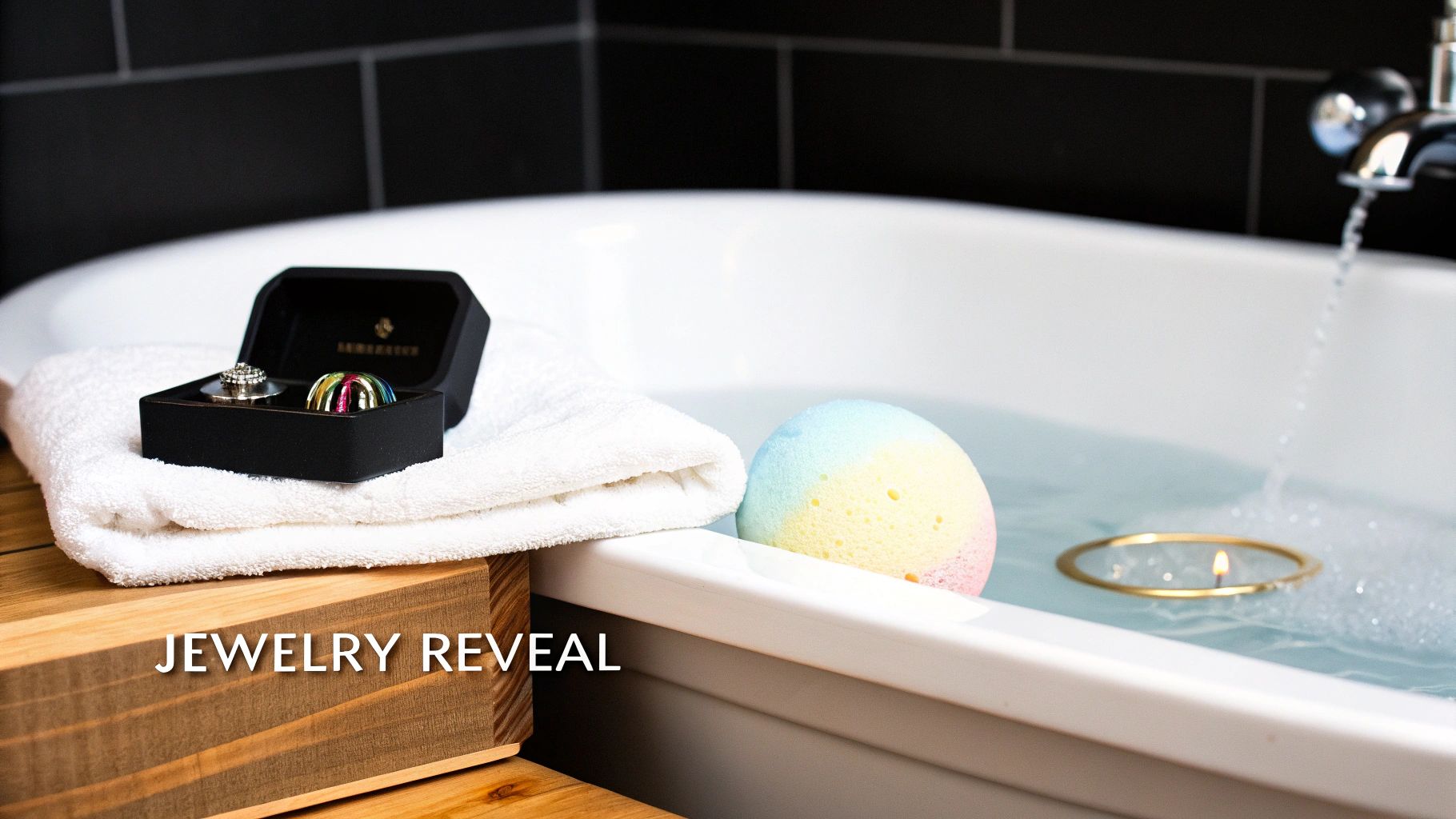 A colorful bath bomb dissolving in water, revealing a small package inside.