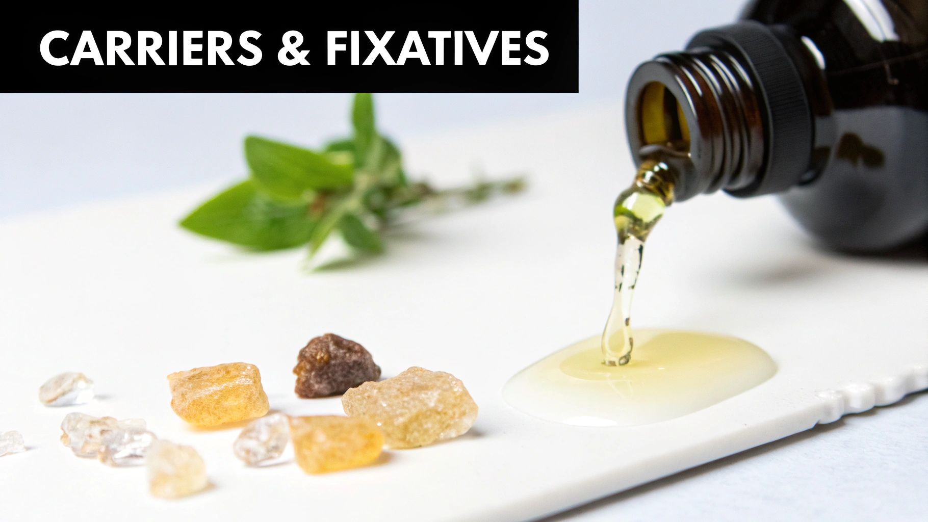 Bottle pouring natural oil onto a white surface with resin pieces and herbs, labeled 'Carriers & Fixatives'.