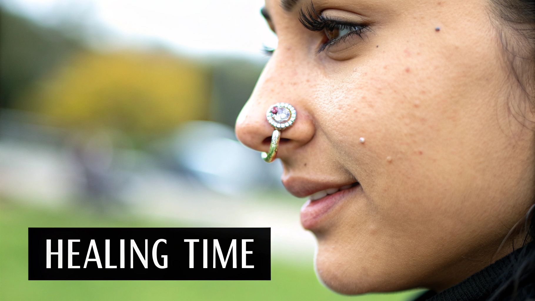 A person with a stylish nostril piercing looking thoughtfully to side.