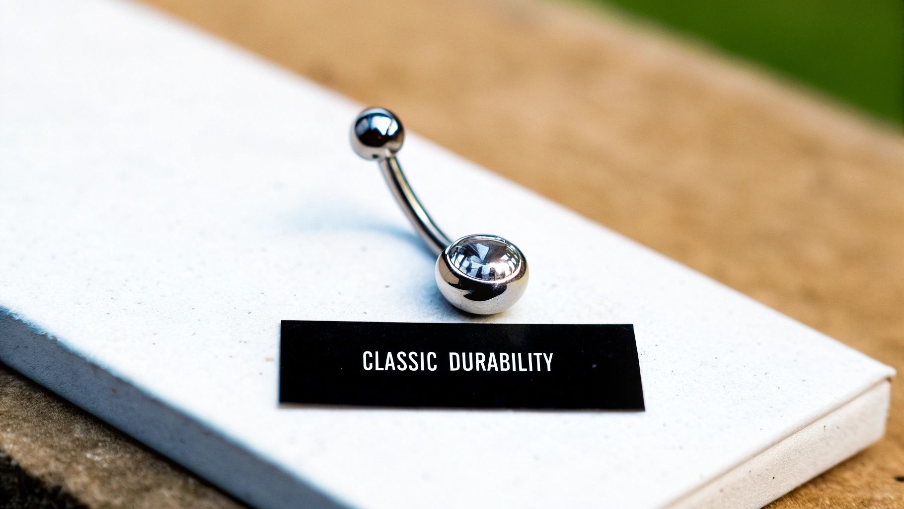 A woman showing her belly button ring made of surgical steel.