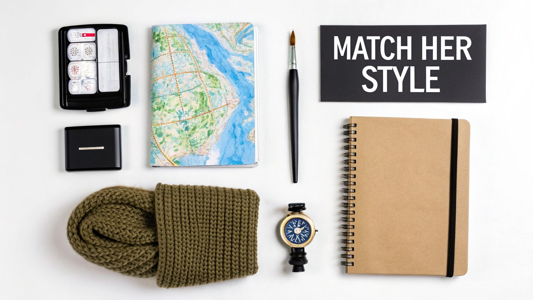 A flat lay of travel and creative essentials, including a scarf, notebooks, and a compass, on a white background.