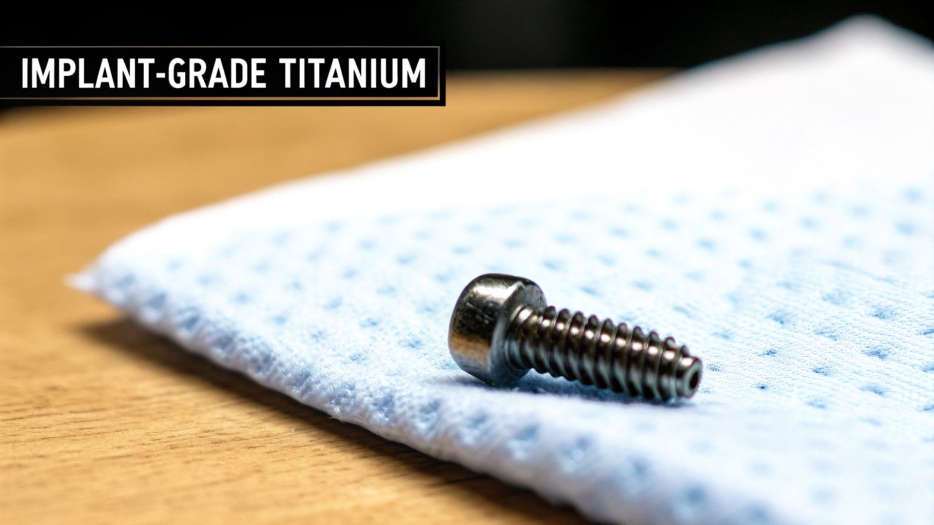 Implant-grade titanium screw for body piercing on sterile medical gauze pad