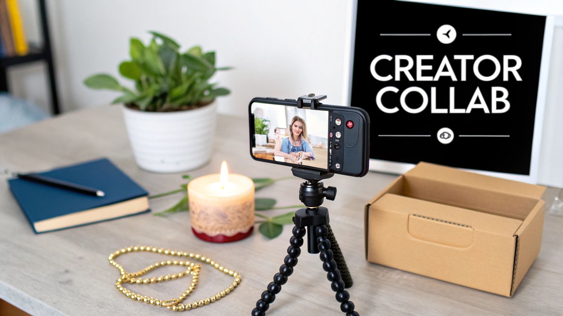 A smartphone on a tripod records a woman, with a 'Creator Collab' sign in the background.