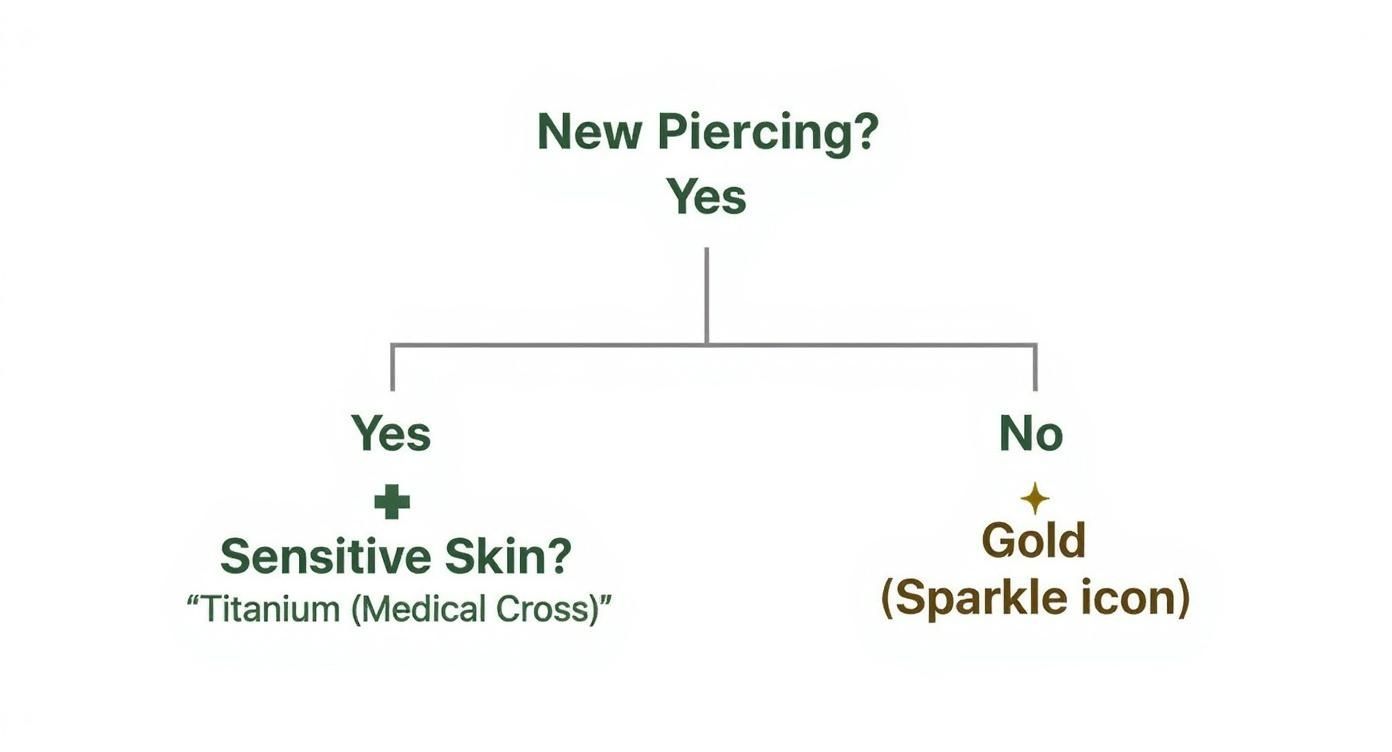 Decision tree flowchart showing metal recommendations for new piercings based on skin sensitivity