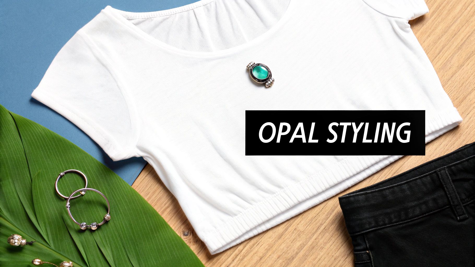Fashion flat lay with a white top, green opal brooch, black jeans, and silver bracelets.