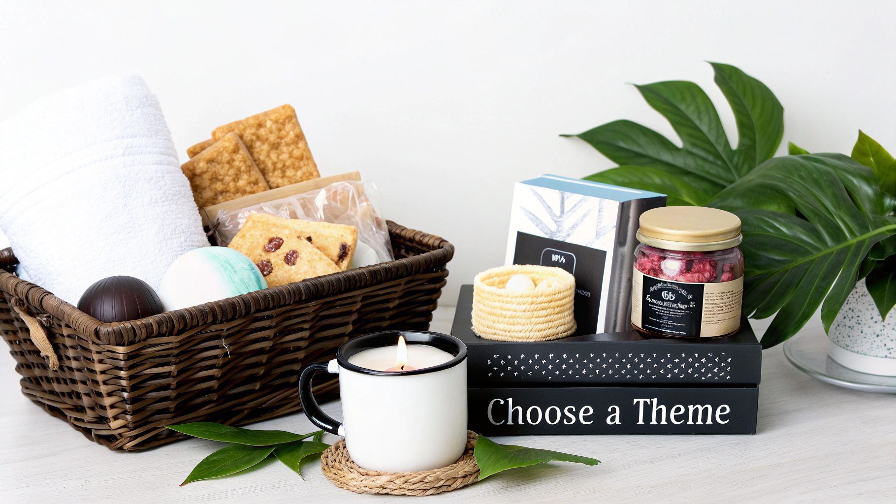 Luxurious gift basket with bath accessories, snacks, a lit candle, books, and a plant for relaxation.