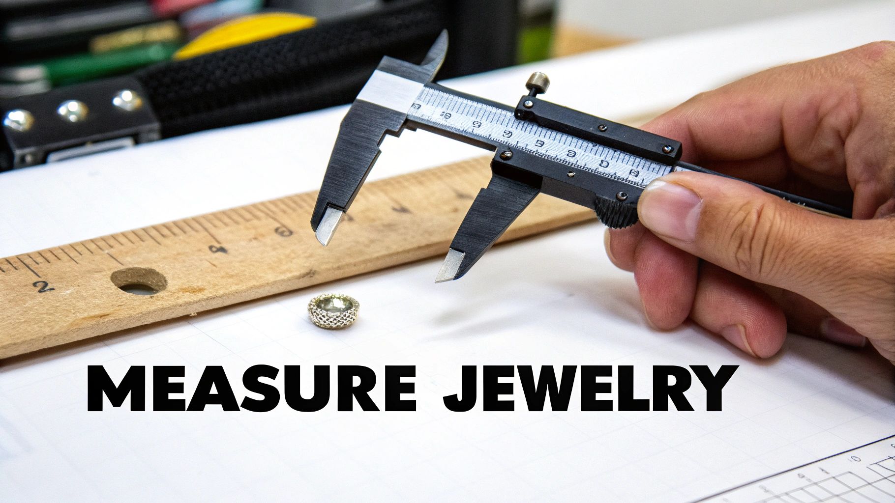 A person using a caliper to measure the thickness of a silver body piercing ring.