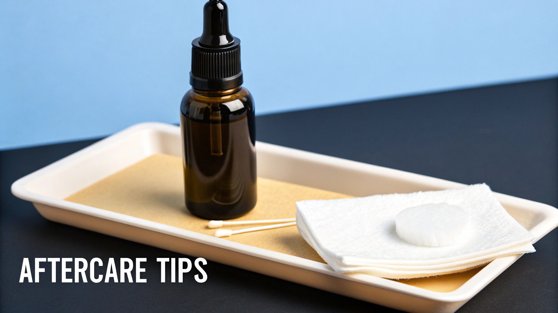 Close-up of aftercare supplies: a dropper bottle, cotton swabs, and cotton pads on a tray.