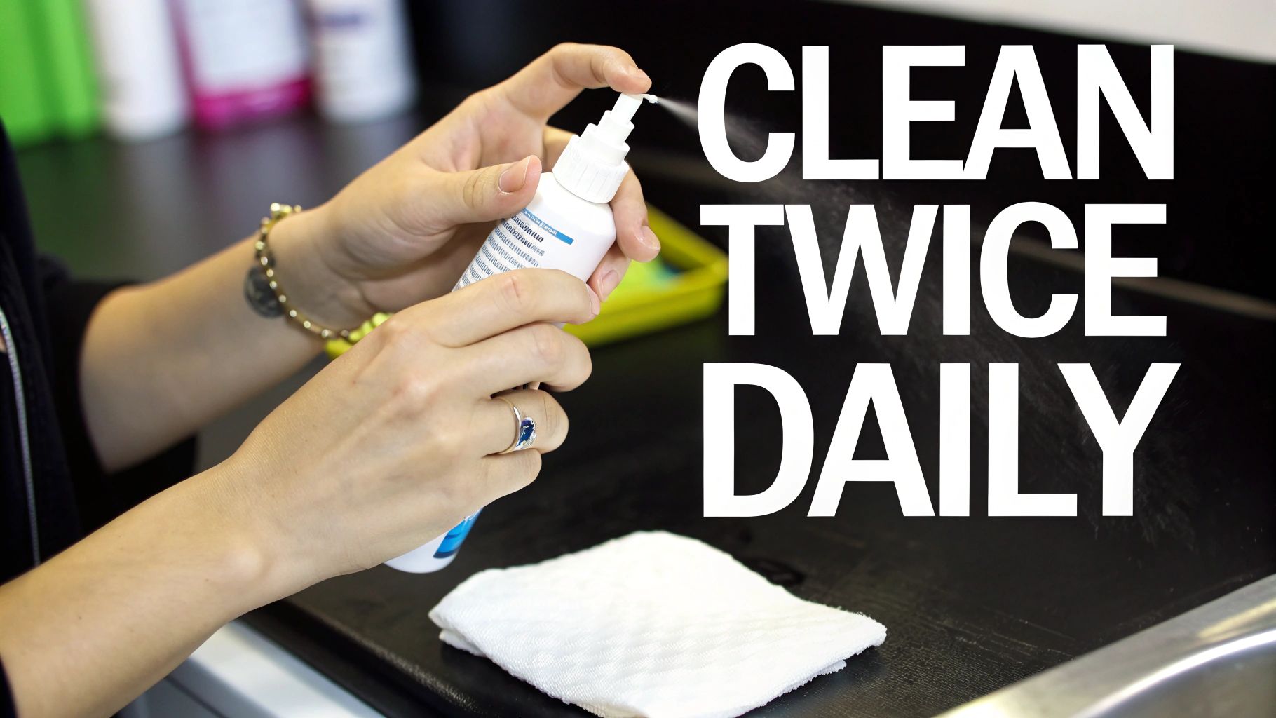 Person cleaning their eyebrow piercing with a saline solution.