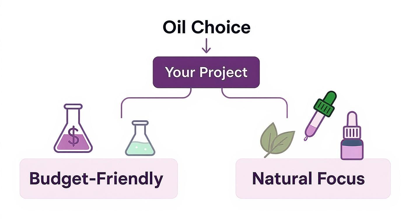 Infographic decision tree showing how to choose between fragrance and essential oils based on project goals.