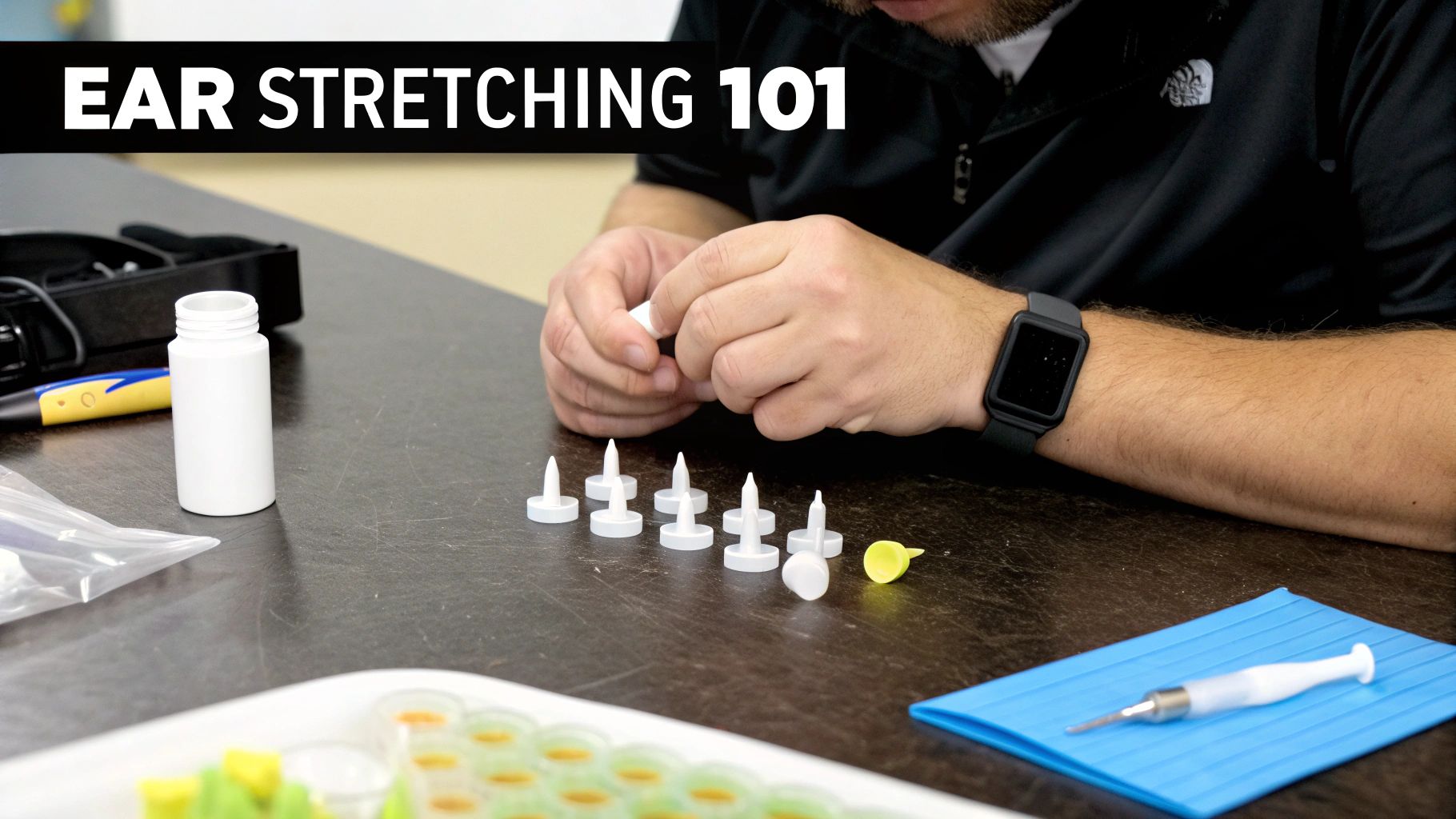 A person with freshly stretched earlobes wearing black plugs.