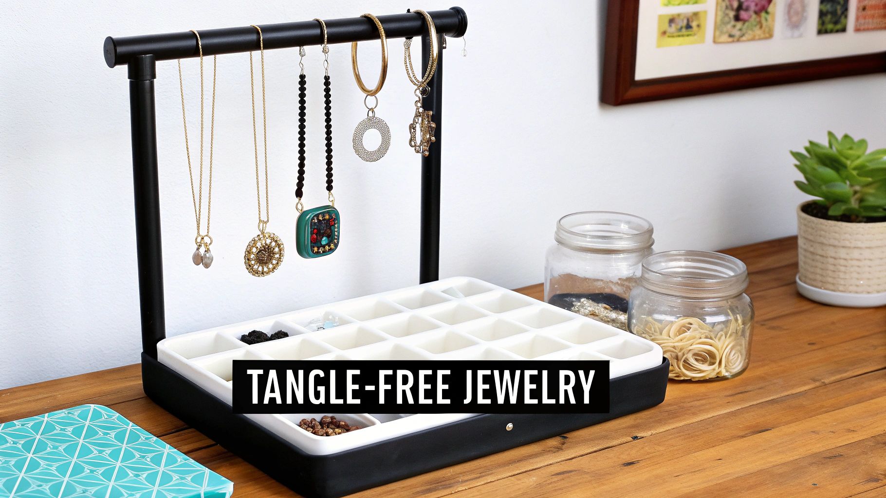 Several necklaces hanging neatly from a decorative wall-mounted jewelry organizer.